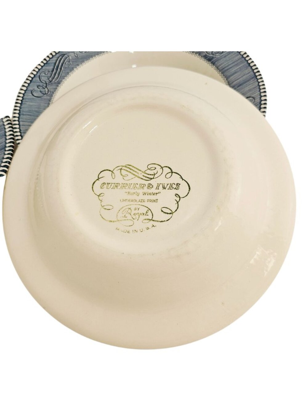 2 Currier Ives Early Winter Bowl 8" soup salad Royal Pottery blue white made USA - Picture 6 of 7